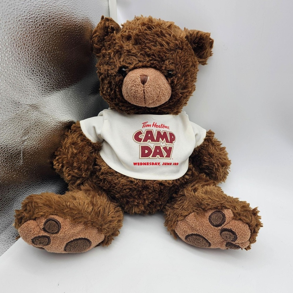 Tim Hortons Camp Day Bear Plush Stuffed Animal Toy 16" Coffee Shirt Cute